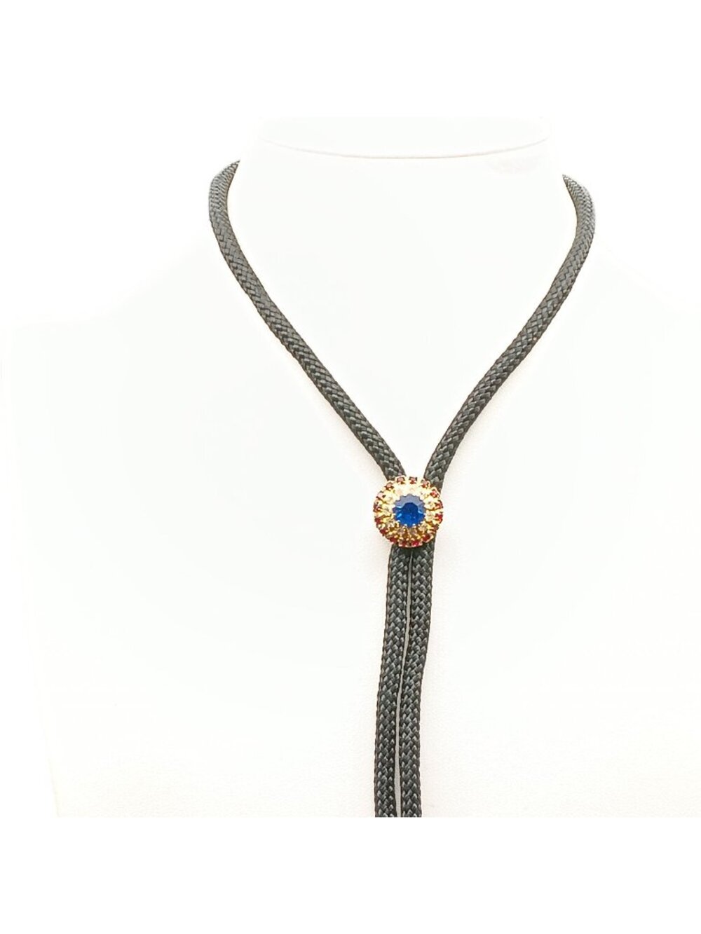 Vintage Black Braided Bolo Tie with Gold-Tone Tips & Red White and Blue Crystal
